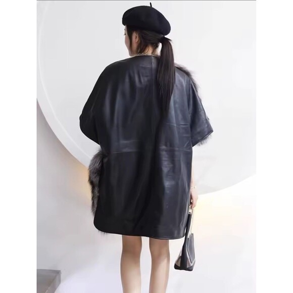 ChicSense Women OS Real Fox Fur Genuine Sheepskin Leather Loose Leisure Coat NWT - Picture 7 of 16